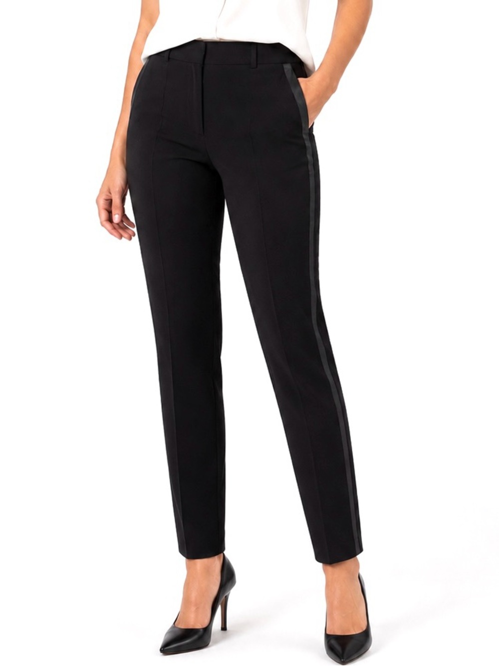 Elie Tahari Black Trouser Side faux Leather accent Size 4 Slim leg Dress pants